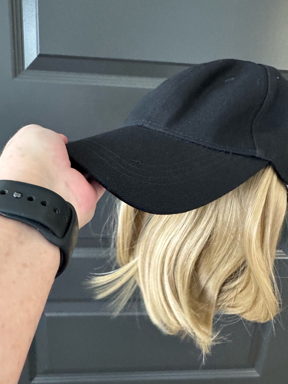 Black Baseball Cap with Blonde Wig Attachment
